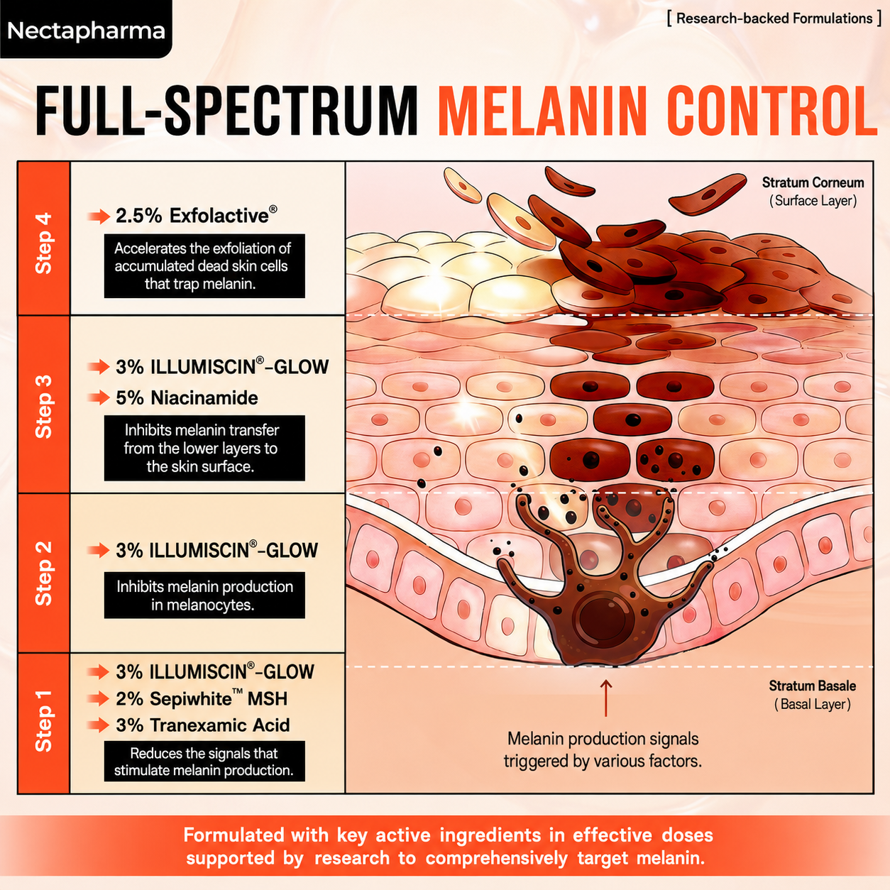 Multi-pathway dark spot reduction serum with research-backed ingredients