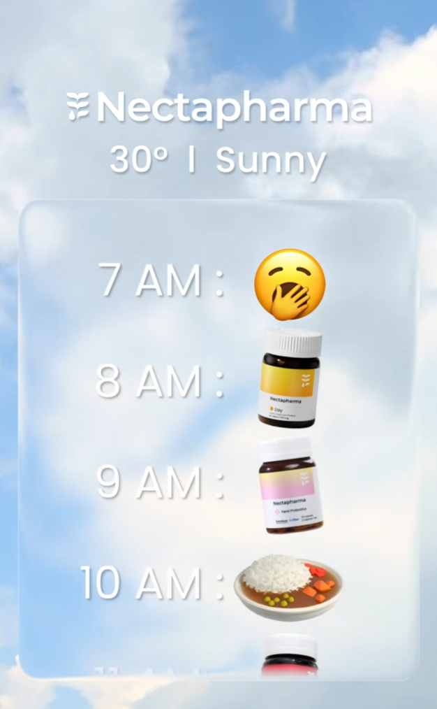 ✨ Nectapharma Hourly Routine
รูทีนสุขภาพดีทั้งภายใน และภายนอก

💛 วิตามินบูสต์เบรน 
🩷 วิตามินแคร์ซิส
❤️ แอสตาต้องเนคตา
💙 วิตามินสวบสิว
💜 วิตามินวูบไว